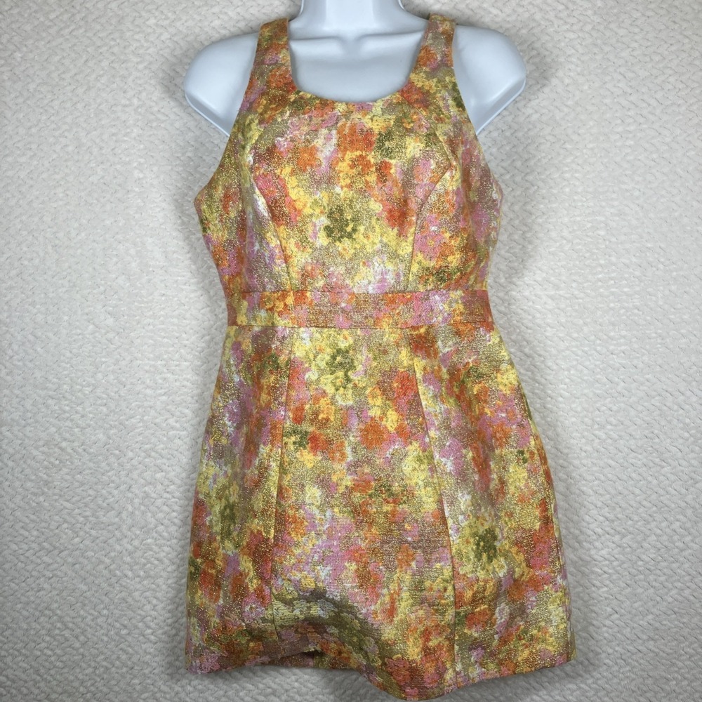 Free People Gold Floral Shimmer Dress Size 2 Small Boho Glam Party Homecoming